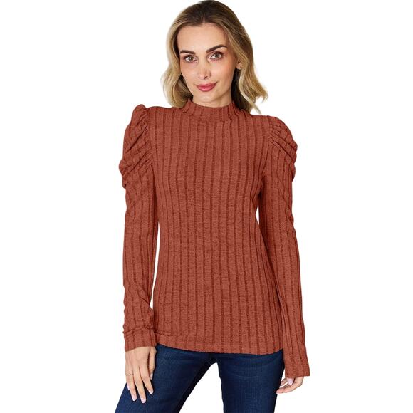 BASIC BAE Rust Ribbed Mock Turtleneck Puff Sleeve Stretchy Top NEW Misses - Picture 1 of 8